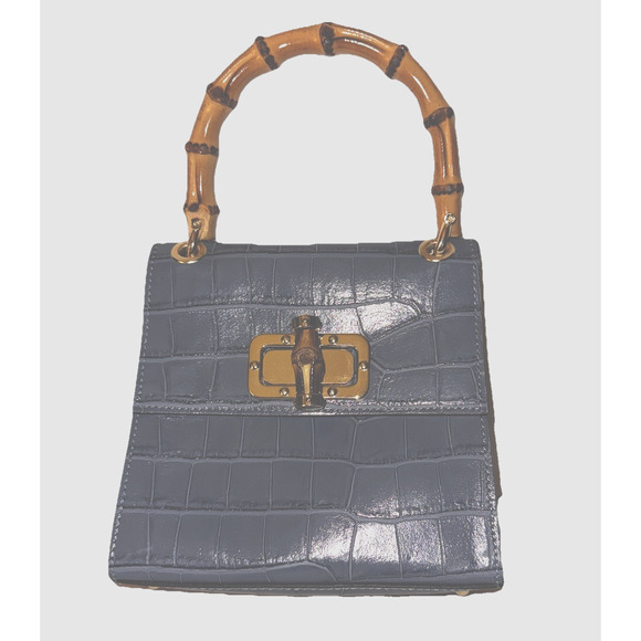 Borse in Pelle Mini Croc Embossed Italian Leather Handbag Purse Bamboo Handle - Picture 1 of 8